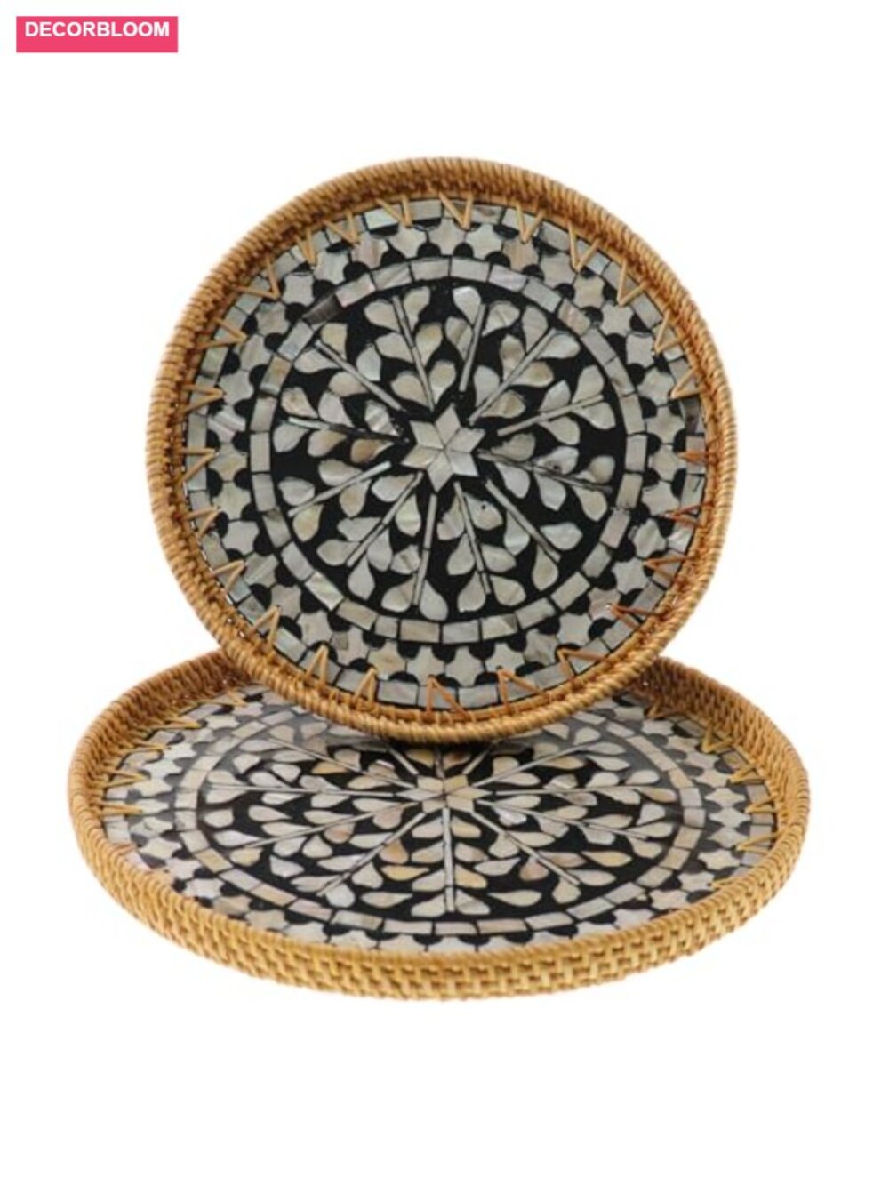 Set of 2 Round Rattan Serving Trays with Mother of Pearl Inlay - Picture 1 of 6